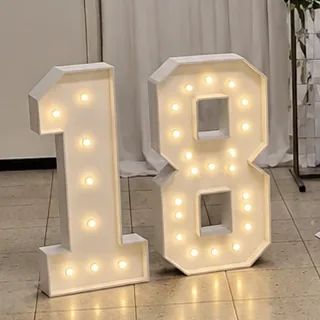Valaistut numerot 18 juhlasalin lattialla.
